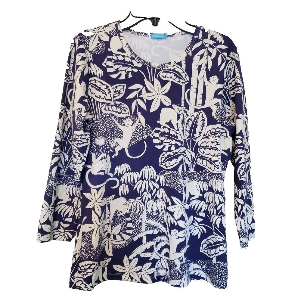J. McLaughlin Catalina Cloth Monkey Lemur Jungle Print Top Navy Blue White S